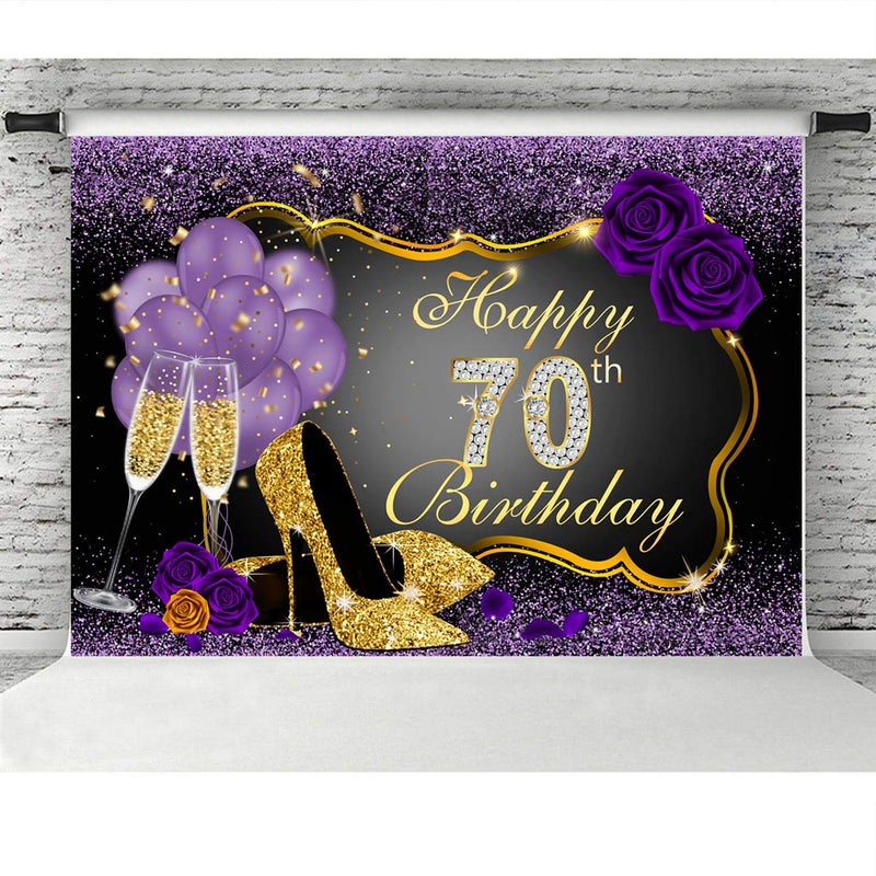 LoveInM Happy 70th Birthday Backdrops Shining Purple Dots and Gold Frame Photography Background for Party Decorations Rose Floral Balloons Heels Champagne Glass Party Banner Supplies Photo Studio Props 7x5ft - Image 5